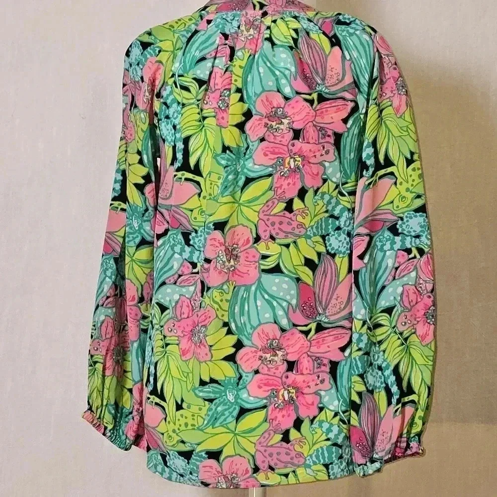 Lily Pulitzer 100% Silk Elsa Skip On It The  Frog-Floral Print Blouse SZ XS